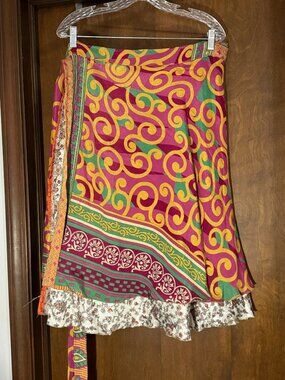 Darn Good Yarn Sari Silk Wrap Skirt Womens Goddess Mini Boho Gypsy Reversible